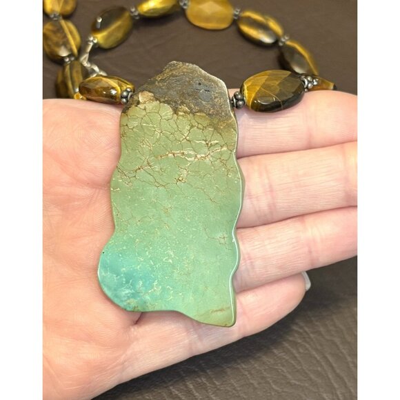 VINTAGE 925 Sterling Silver Tiger’s Eye Bead Turquoise Slice Chunky Necklace - Picture 7 of 10